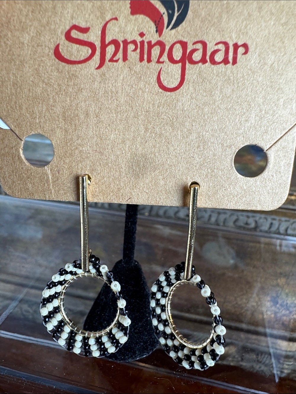 0643-Black & White Beaded Hoop Drop Earrings